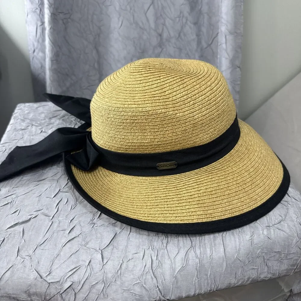 Sun N Sand UPF 50+‎ Beige Straw Hat W/black Trim Fabric Bow Women Adjustable
